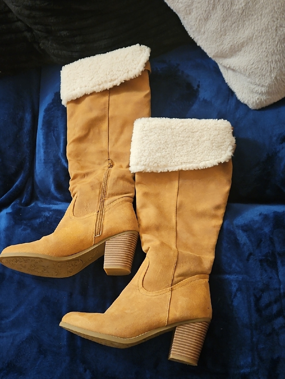 Women's Tan Suede Knee Boots with Faux Shearling Cuff